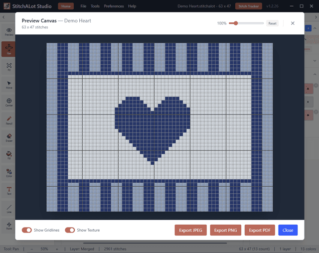 Needlepoint pattern preview and PDF export in TypeAlot